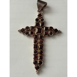 Huge Sterling Silver & Garnets Cross 3" Statement Pendant Tested Whimsigoth